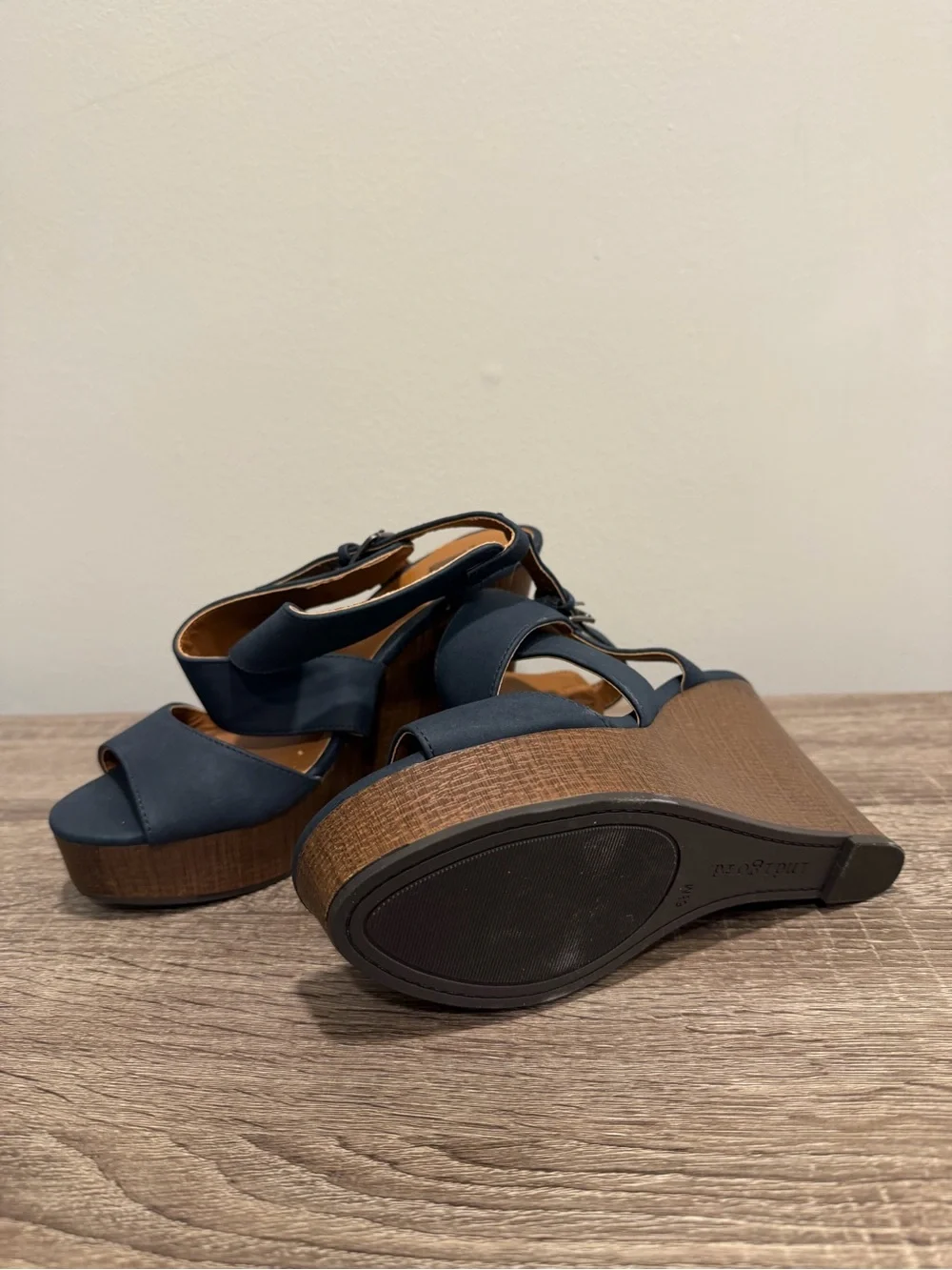 Indigo Navy Crisscross Wedge Sandals with Wood-Textured Platform